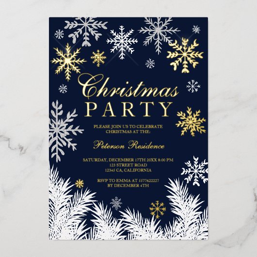 雪モダン片の松海軍の冬のクリスマスパーティー 箔招待状 (正面)