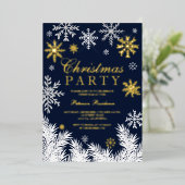 雪モダン片の松海軍の冬のクリスマスパーティー 箔招待状 (立ち正面)
