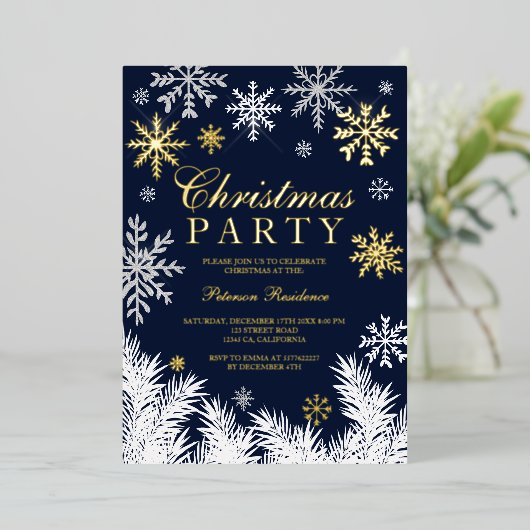 雪モダン片の松海軍の冬のクリスマスパーティー 箔招待状 (立ち正面)