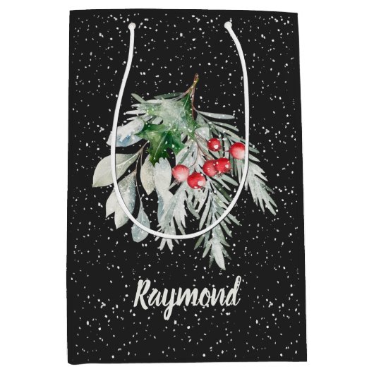 雪モダン片の水の色離れのメリークリスマス ミディアムペーパーバッグ (正面)