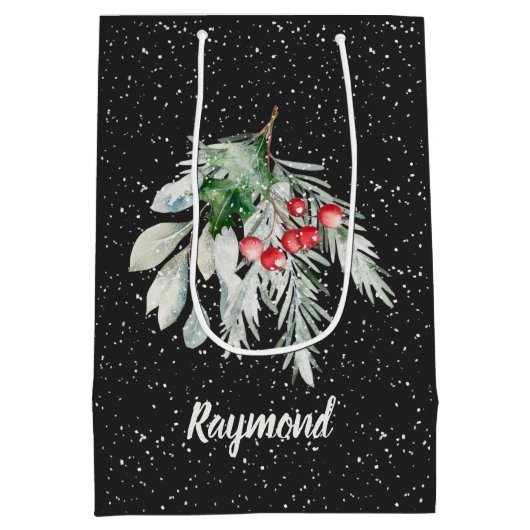 雪モダン片の水の色離れのメリークリスマス ミディアムペーパーバッグ (裏面)