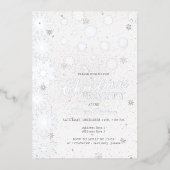 雪モダン片の雪の白い冬のクリスマスパーティー 箔招待状 (正面)