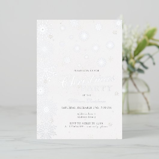 雪モダン片の雪の白い冬のクリスマスパーティー 箔招待状 (立ち正面)