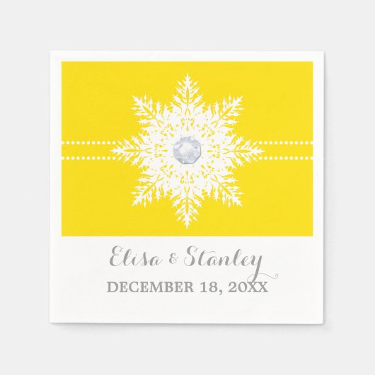 雪モダン片イエロー、白い冬の結婚式 スタンダードカクテルナプキン (正面)
