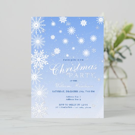 雪モダン片スノーブルーウィンタークリスマスパーティー 箔招待状 (立ち正面)