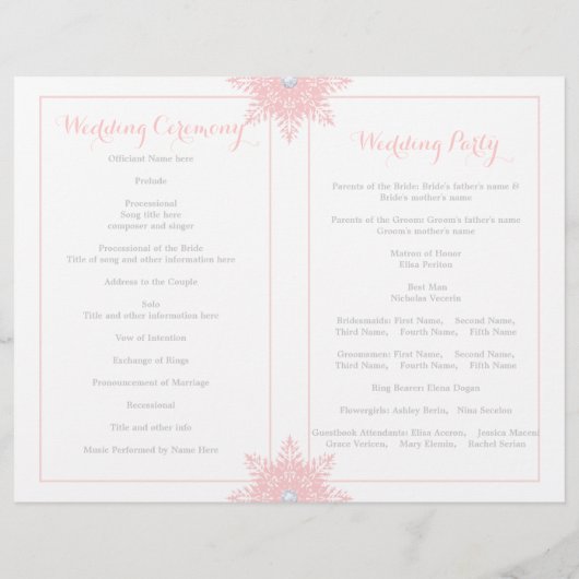 雪モダン片ピンクのホワイトウェディングプログラム (裏面)