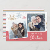 雪モダン片ピンク金ゴールド2写真クリスマス シーズンカード (正面/裏面)