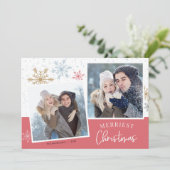雪モダン片ピンク金ゴールド2写真クリスマス シーズンカード (スタンド正面)