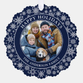 雪モダン片ブルーハッピーホリデイズ写真 オーナメントカード (正面)