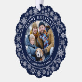 雪モダン片ブルーハッピーホリデイズ写真 オーナメントカード (左)