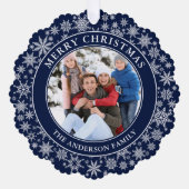 雪モダン片ブルーメリークリスマスフォト オーナメントカード (正面)