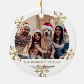 雪モダン片金ゴールドとホワイトフォトクリスマス セラミックオーナメント (裏面)