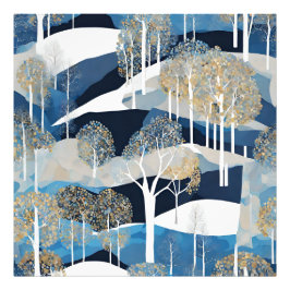 雪モダン色の白い青い冬の森 フォトプリント           