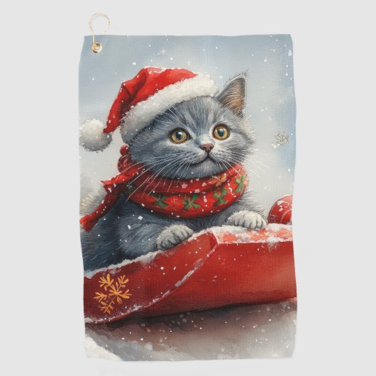 雪ロシアののクリスマスを過ごす大雪の青い猫 ゴルフタオル (正面)