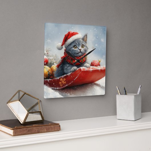 雪ロシアののクリスマスを過ごす大雪の青い猫 スクエア壁時計 (オフィス)