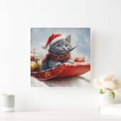 雪ロシアののクリスマスを過ごす大雪の青い猫 スクエア壁時計 (ホーム)