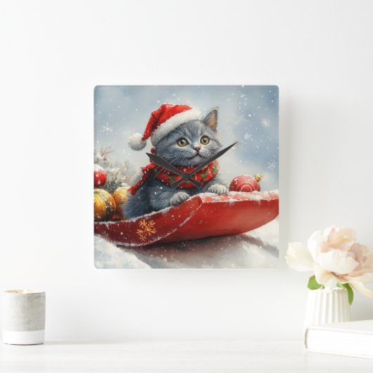 雪ロシアののクリスマスを過ごす大雪の青い猫 スクエア壁時計 (ホーム)