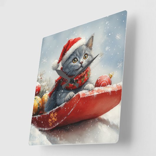 雪ロシアののクリスマスを過ごす大雪の青い猫 スクエア壁時計 (傾斜)