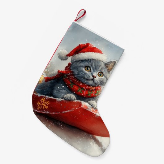 雪ロシアののクリスマスを過ごす大雪の青い猫 スモールクリスマスストッキング (正面 (吊り時))