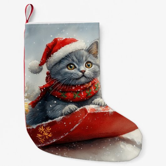 雪ロシアののクリスマスを過ごす大雪の青い猫 スモールクリスマスストッキング (正面)