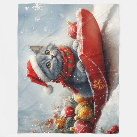 雪ロシアののクリスマスを過ごす大雪の青い猫 フリースブランケット (正面)