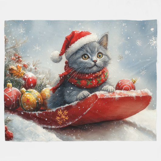 雪ロシアののクリスマスを過ごす大雪の青い猫 フリースブランケット (正面(横))