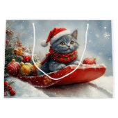 雪ロシアののクリスマスを過ごす大雪の青い猫 ラージペーパーバッグ (正面)