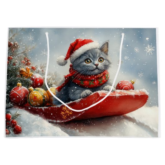 雪ロシアののクリスマスを過ごす大雪の青い猫 ラージペーパーバッグ (正面)