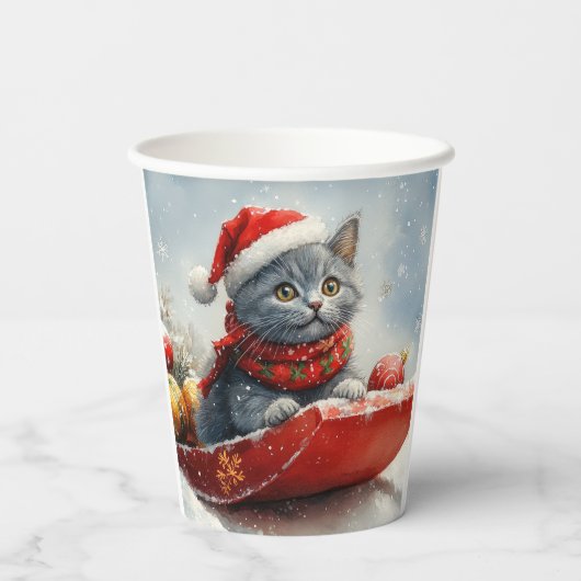雪ロシアののクリスマスを過ごす大雪の青い猫 紙コップ (裏面)