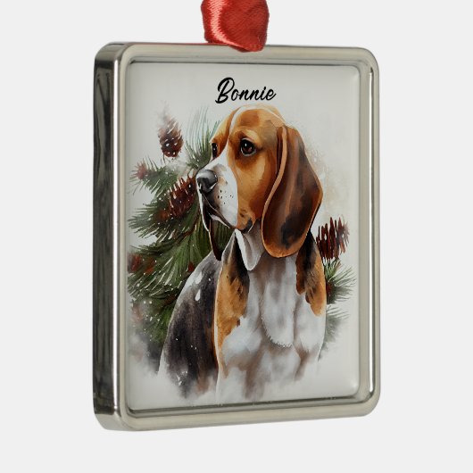 雪上水彩三色のビーグル犬 メタルオーナメント (右)