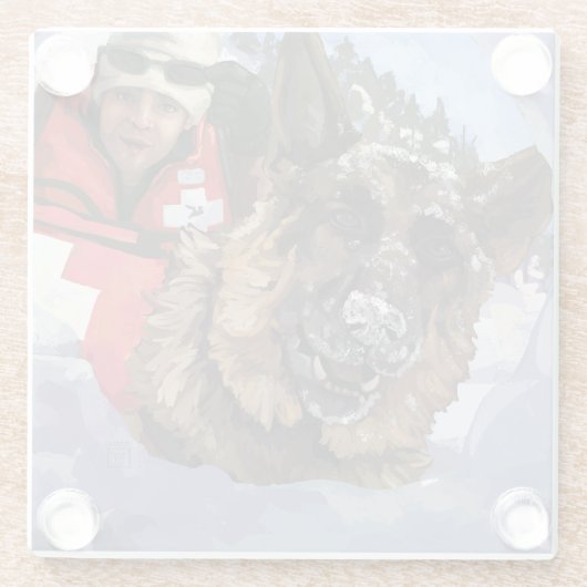 雪中のドイツのシェパードの捜索と救助 ガラスコースター (裏面)