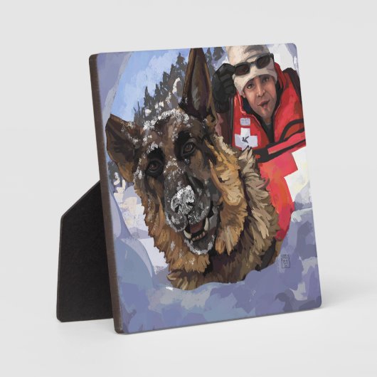 雪中のドイツのシェパードの捜索と救助 フォトプラーク (正面)