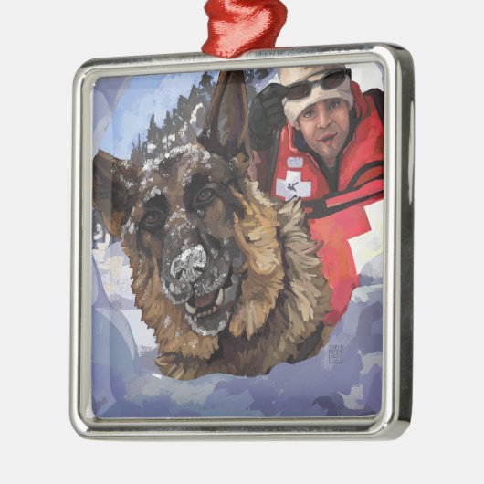 雪中のドイツのシェパードの捜索と救助 メタルオーナメント (左)