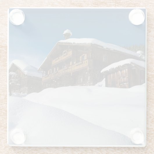 雪伝統的中の木の戸棚 ガラスコースター (裏面)