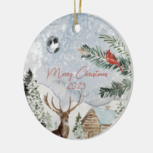 雪伝統的雪の冬ワンダーランドレッド(鳥)ショウジョウコウカンチョウ セラミックオーナメント (左)