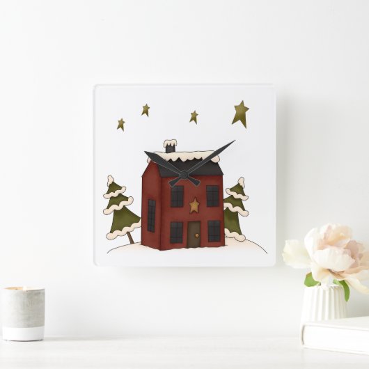 雪初期のの中の赤い植民地時代 スクエア壁時計 (ホーム)