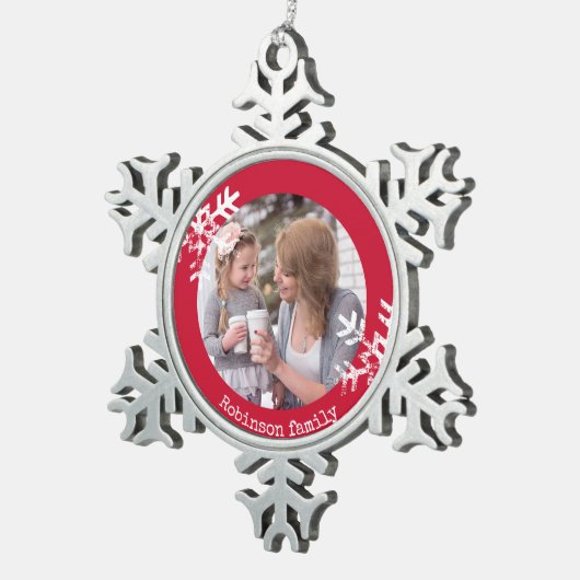 雪動揺して片の赤い写モノグラムの真 スノーフレークピューターオーナメント (右)