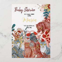 雪動物キツネ花バビシャワー金ゴールドフォイル 箔招待状