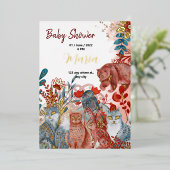 雪動物キツネ花バビシャワー金ゴールドフォイル 箔招待状 (立ち正面)