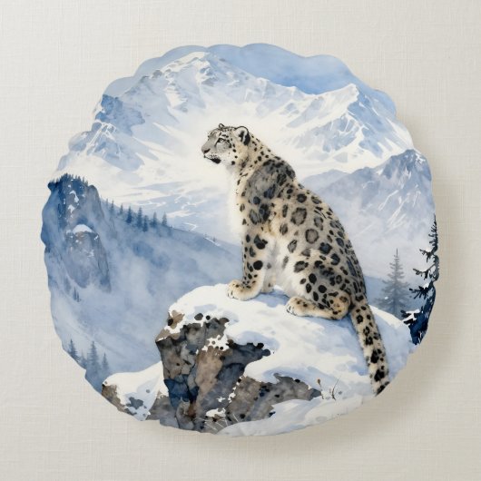 雪原のユキヒョウ ラウンドクッション (正面)