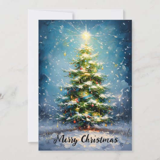 雪原の中のクリスマスツリー – 油 絵を描 シーズンカード (正面)