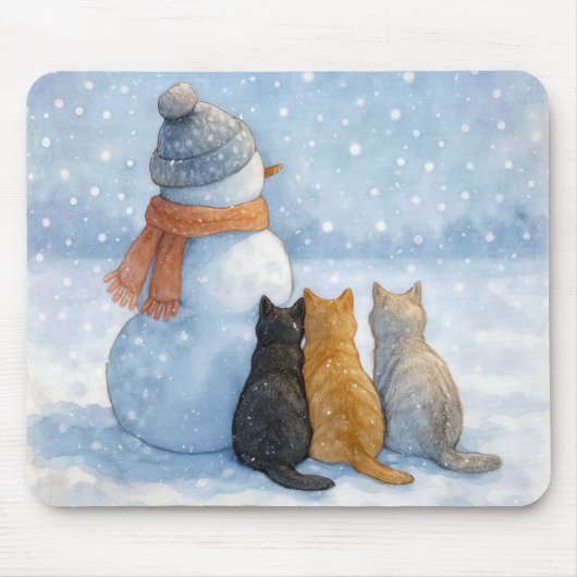 雪原の雪だるまと猫たち マウスパッド (正面)