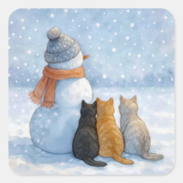 雪原の3匹の猫と雪だるま スクエアシール