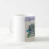 雪場面川、常緑樹、山、星 コーヒーマグカップ (正面左)