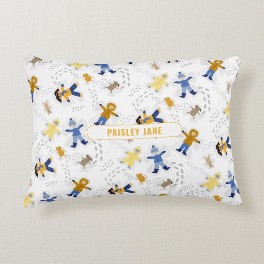 雪天使ペットと子供+名前 アクセントクッション (正面)