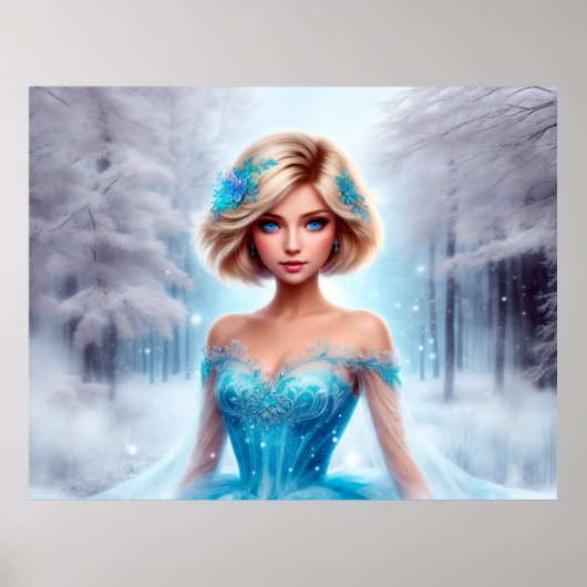 雪女の青い冬の雪のかけらかわいい ポスター (正面)