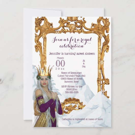 雪女王の金ゴールドフレームの姫のテーマパーティー 招待状 (正面)