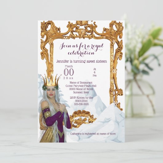 雪女王の金ゴールドフレームの姫のテーマパーティー 招待状 (スタンド正面)