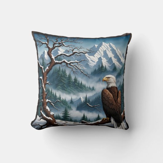 雪威厳のあるに覆われたワシ クッション (正面)