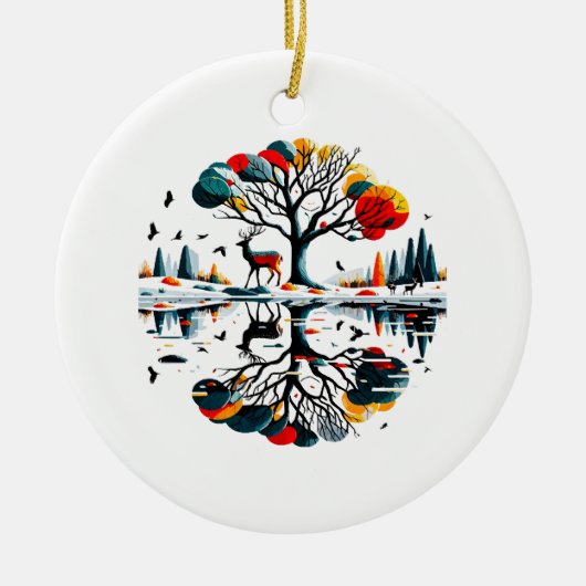 雪威厳のあるの多い冬の森に立つ セラミックオーナメント (正面)